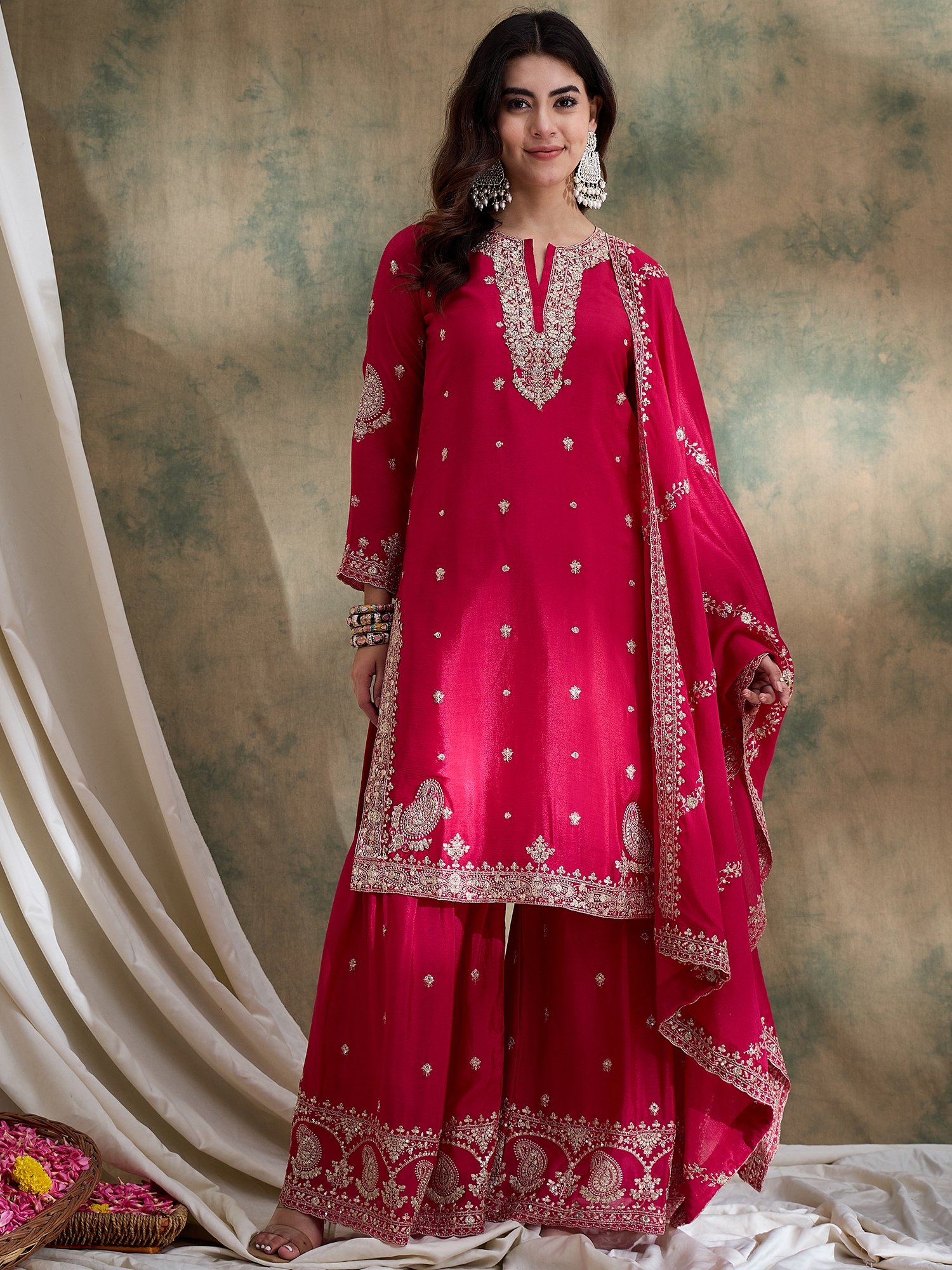 Pink Chinon Embroidered Kurta Sharara Set with Dupatta