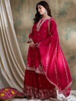 Pink Chinon Embroidered Kurta Sharara Set with Dupatta