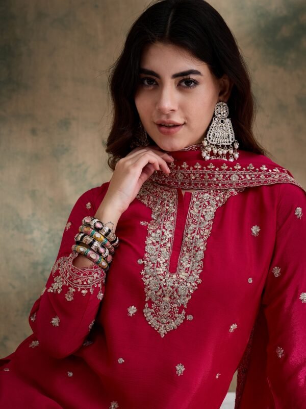 Pink Chinon Embroidered Kurta Sharara Set with Dupatta