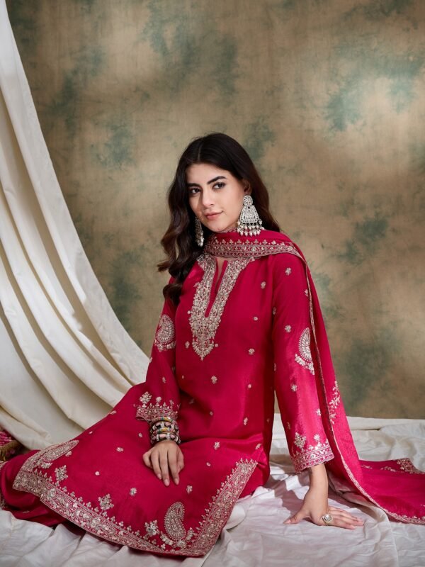 Pink Chinon Embroidered Kurta Sharara Set with Dupatta