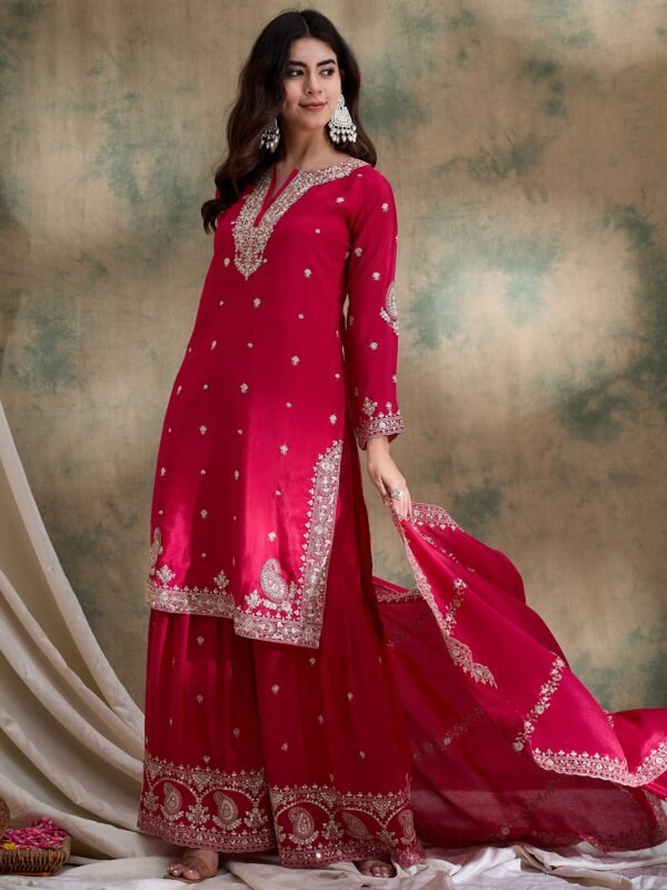 Pink Chinon Embroidered Kurta Sharara Set with Dupatta