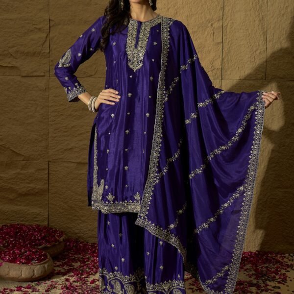 Purple Chinon Embroidered Kurta Sharara Set with Dupatta