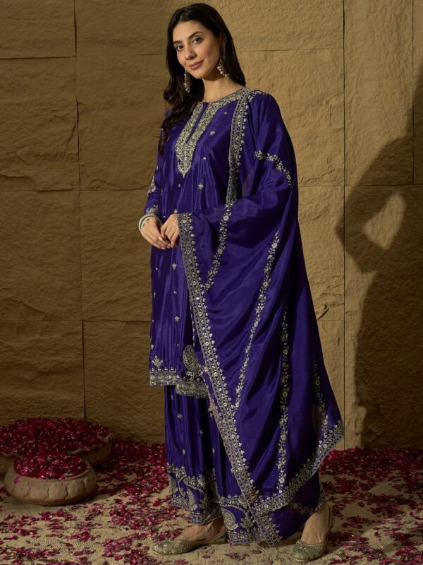 Purple Chinon Embroidered Kurta Sharara Set with Dupatta