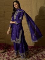 Purple Chinon Embroidered Kurta Sharara Set with Dupatta