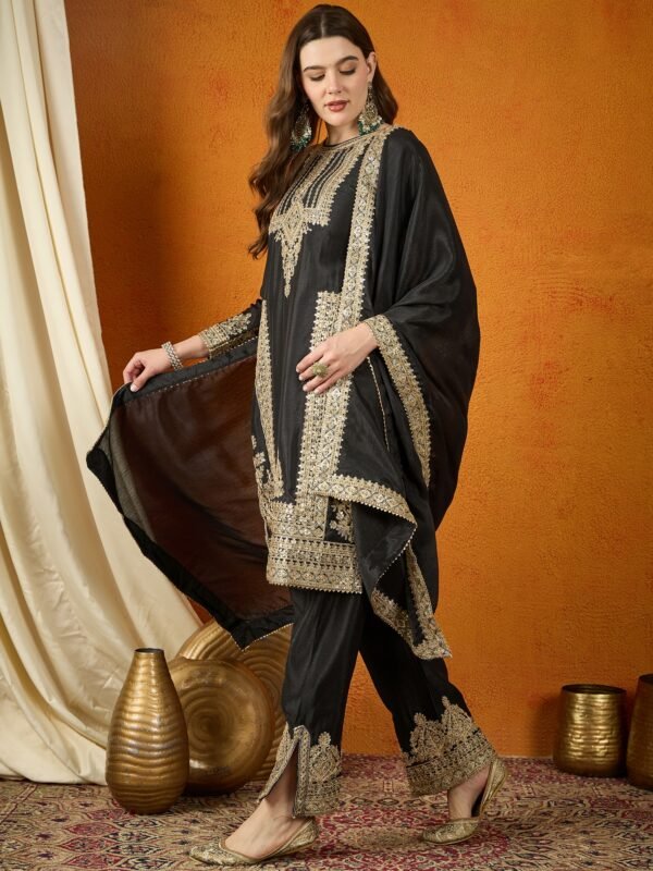 Black Chinon Embroidered Kurta Palazzo Set with Dupatta