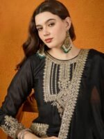 Black Chinon Embroidered Kurta Palazzo Set with Dupatta