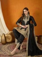 Black Chinon Embroidered Kurta Palazzo Set with Dupatta