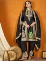 Black Chinon Embroidered Kurta Palazzo Set with Dupatta
