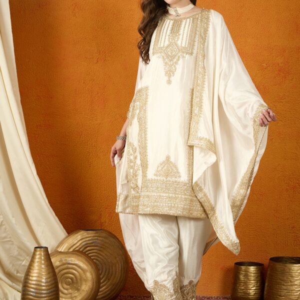 Off White Chinon Embroidered Kurta Palazzo Set with Dupatta