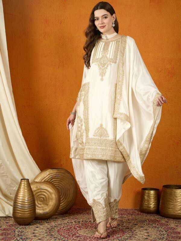 Off White Chinon Embroidered Kurta Palazzo Set with Dupatta