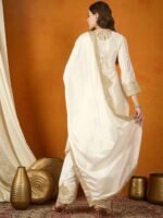 Off White Chinon Embroidered Kurta Palazzo Set with Dupatta