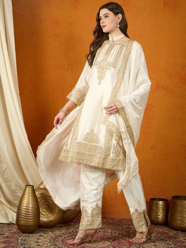 Off White Chinon Embroidered Kurta Palazzo Set with Dupatta