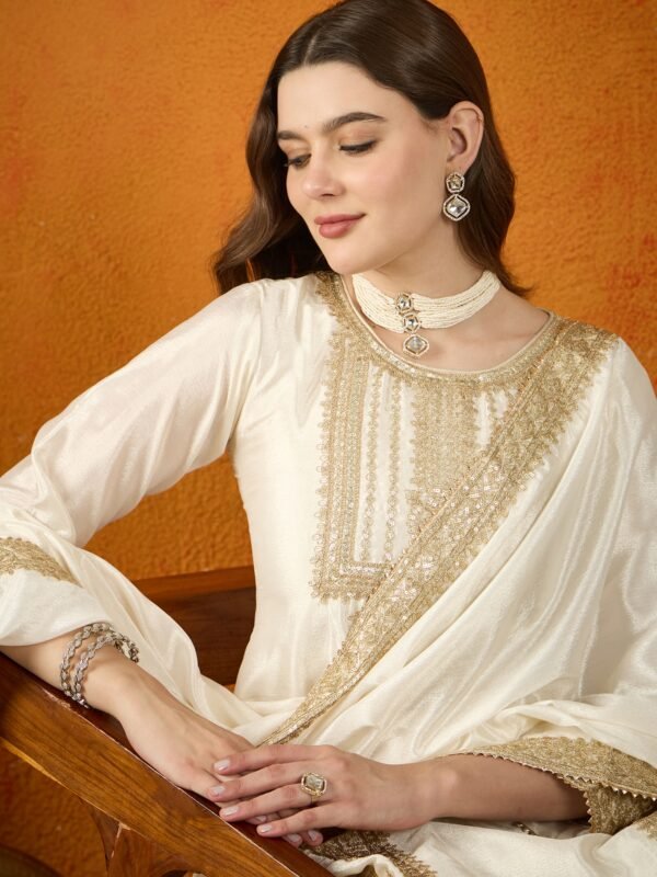 Off White Chinon Embroidered Kurta Palazzo Set with Dupatta