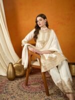 Off White Chinon Embroidered Kurta Palazzo Set with Dupatta