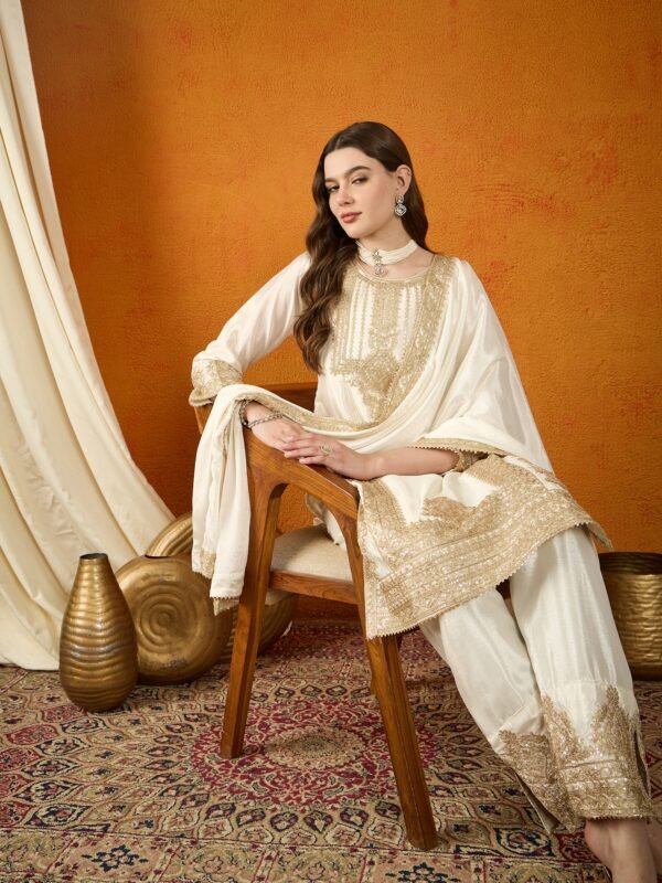Off White Chinon Embroidered Kurta Palazzo Set with Dupatta