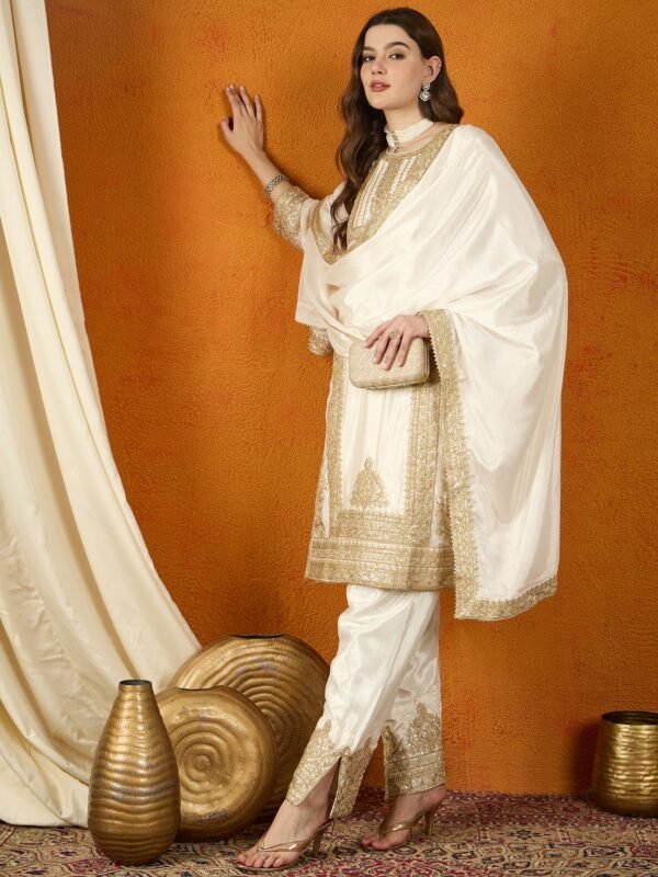 Off White Chinon Embroidered Kurta Palazzo Set with Dupatta