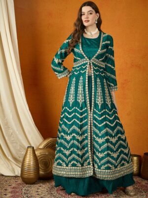 Green Embellished Lehenga Choli with Full-Length Jacket