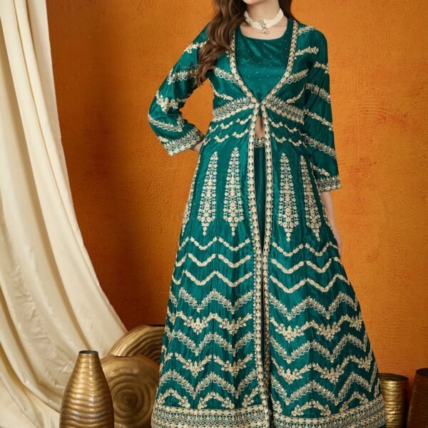Green Embellished Lehenga Choli with Full-Length Jacket