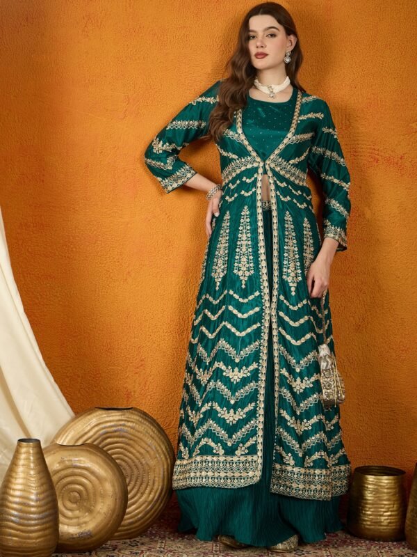 Green Embellished Lehenga Choli with Full-Length Jacket