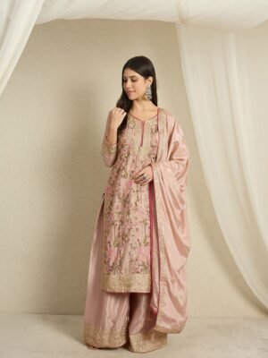 Peach Chinon Kurta Palazzo Set with Embroidered Dupatta