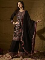 Black Chinon Kurta Palazzo Set with Lace Dupatta - Stitched
