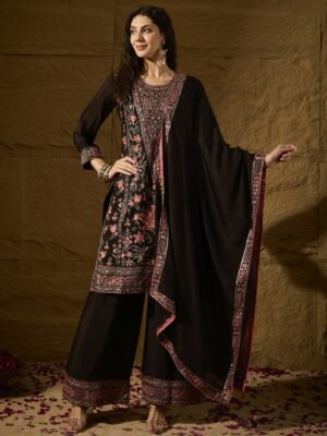 Black Chinon Kurta Palazzo Set with Lace Dupatta - Stitched