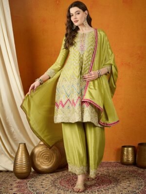 Mehendi Green A-Line Kurta Palazzo Set with Lace Dupatta