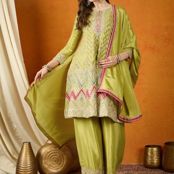 Mehendi Green A-Line Kurta Palazzo Set with Lace Dupatta