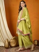 Mehendi Green A-Line Kurta Palazzo Set with Lace Dupatta