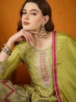 Mehendi Green A-Line Kurta Palazzo Set with Lace Dupatta