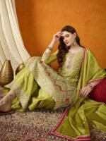 Mehendi Green A-Line Kurta Palazzo Set with Lace Dupatta