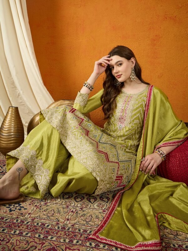 Mehendi Green A-Line Kurta Palazzo Set with Lace Dupatta