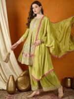 Mehendi Green A-Line Kurta Palazzo Set with Lace Dupatta