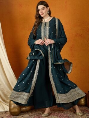Rama Flared Kurta Palazzo Set with Embroidered Dupatta