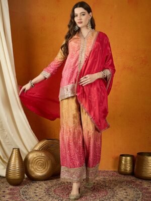 Pink Straight Kurta Palazzo Set with Embroidered Dupatta
