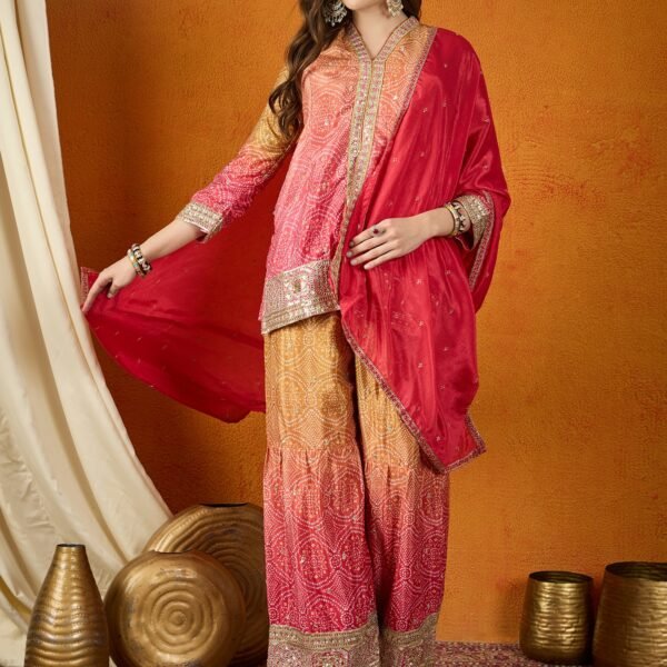 Pink Straight Kurta Palazzo Set with Embroidered Dupatta