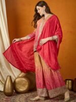 Pink Straight Kurta Palazzo Set with Embroidered Dupatta