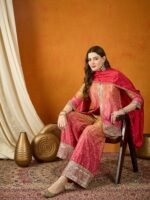 Pink Straight Kurta Palazzo Set with Embroidered Dupatta