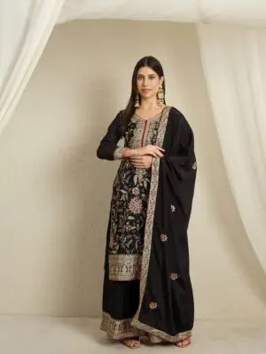 Black Straight Kurta Palazzo Set with Embroidered Dupatta