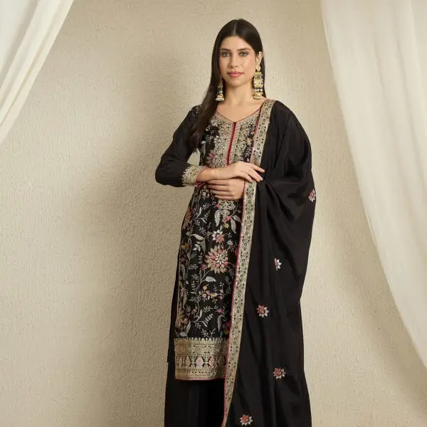Black Straight Kurta Palazzo Set with Embroidered Dupatta