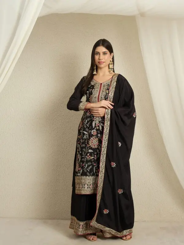Black Straight Kurta Palazzo Set with Embroidered Dupatta