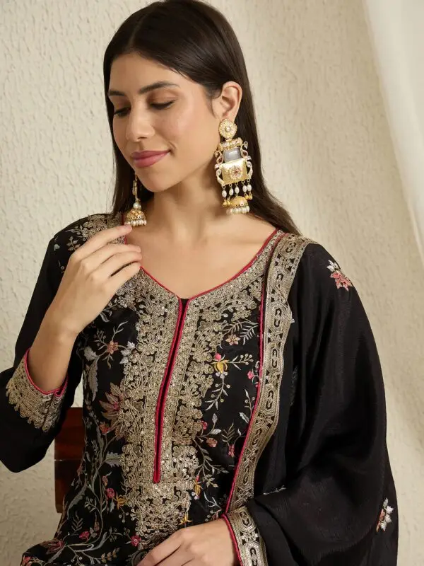 Black Straight Kurta Palazzo Set with Embroidered Dupatta