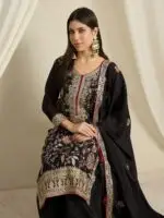 Black Straight Kurta Palazzo Set with Embroidered Dupatta