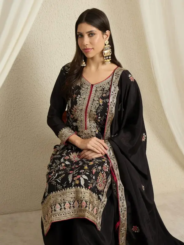 Black Straight Kurta Palazzo Set with Embroidered Dupatta