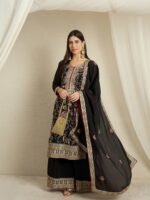 Black Straight Kurta Palazzo Set with Embroidered Dupatta