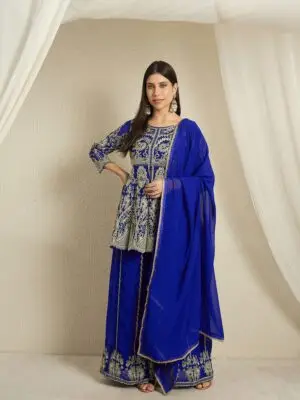 Blue Embroidered A-Line Kurta Palazzo Set with Plain Dupatta