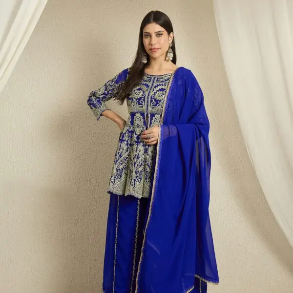 Blue Embroidered A-Line Kurta Palazzo Set with Plain Dupatta