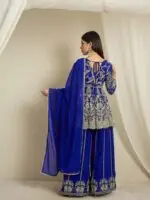 Blue Embroidered A-Line Kurta Palazzo Set with Plain Dupatta