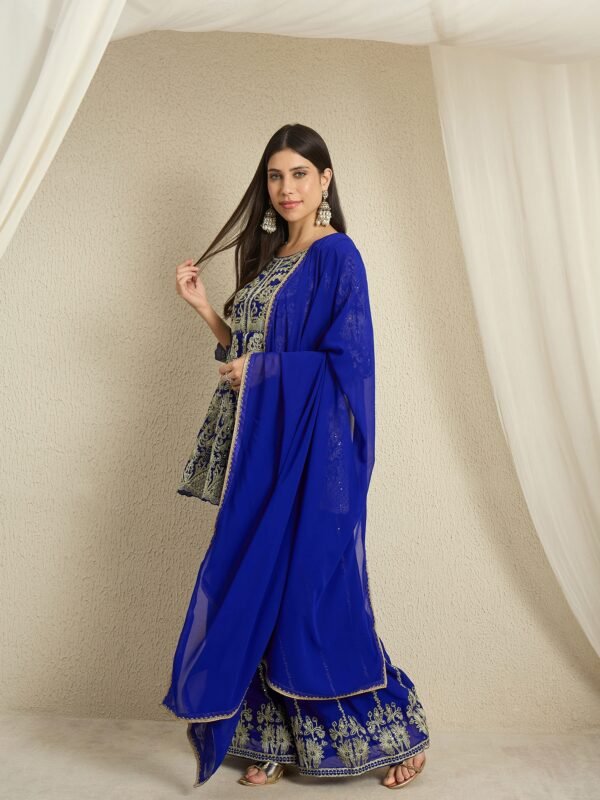 Blue Embroidered A-Line Kurta Palazzo Set with Plain Dupatta