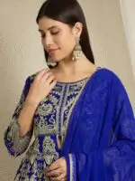 Blue Embroidered A-Line Kurta Palazzo Set with Plain Dupatta